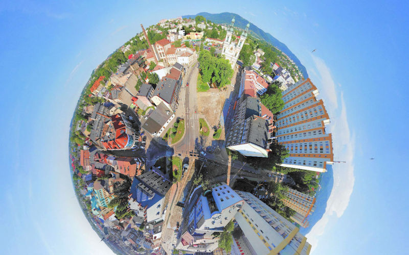 Powietrzna Panorama 360 - budowa ronda i przebudowa, remont Stojałowskiego, placu Opatrzności Bożej - air pano 360 Bielsko-Biała