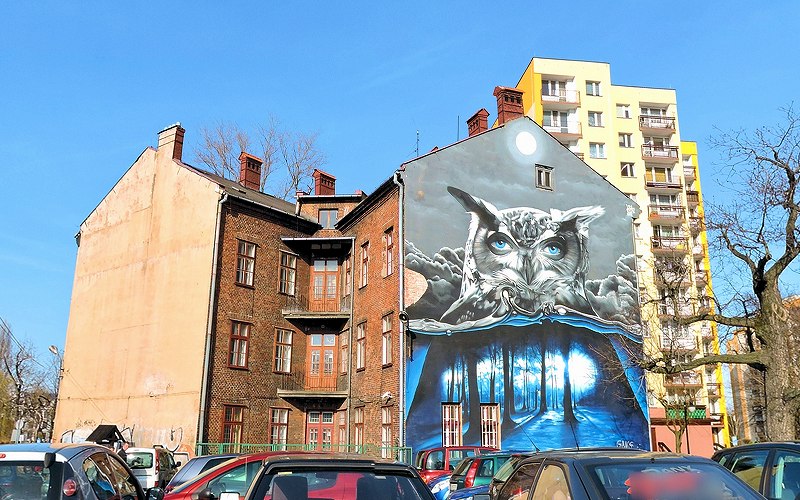 Bielsko-Biała - bielskie murale - mural SOWA - panorama 360